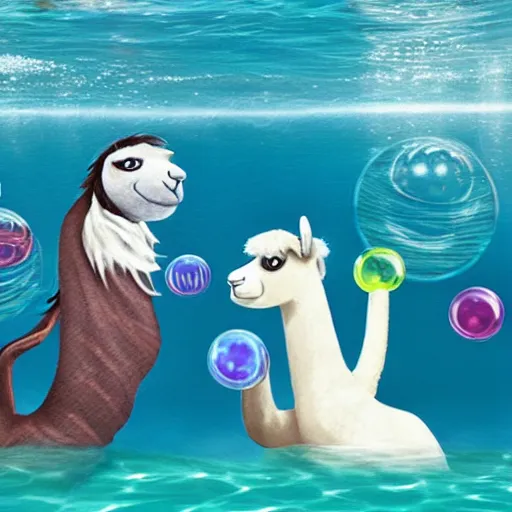 Prompt: llama and sloth underwater blowing bubbles
