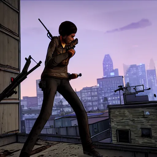 Image similar to game walking dead telltale games clementine aiming with a sniper rifle on a rooftop, 4 k, highly detailed