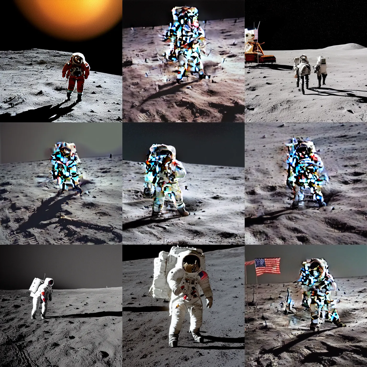 Prompt: running astronaugt with a horse on his back on the moon photo,