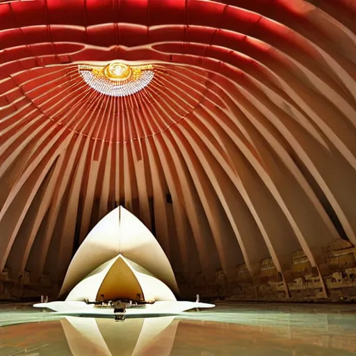 Image similar to interior of a futuristic lotus temple space station with gold, red and white marble panels, by buckminster fuller and syd mead, intricate contemporary architecture, photo journalism, photography, cinematic, national geographic photoshoot