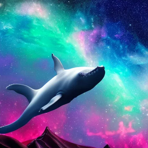 Prompt: a cool whale surfing on the cloud with a colorful galaxy in the background. ray tracing reflection, 8k, hyper realistic, insainly detailed, hdr, octan render