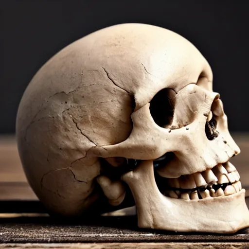 Image similar to close up of human skull used as ashtray, dark blurry background