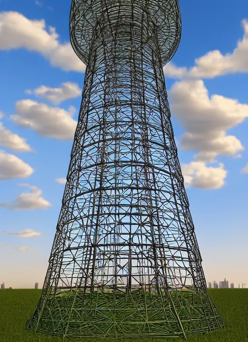 Image similar to highly detailed realistic architecture 3 d render of a stele shukhov tower standing in a city park, archdaily, made in unreal engine 4 octane render