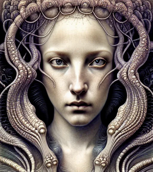 Image similar to detailed realistic beautiful ocean goddess face portrait by jean delville, gustave dore, iris van herpen and marco mazzoni, art forms of nature by ernst haeckel, art nouveau, symbolist, visionary, gothic, neo - gothic, pre - raphaelite, fractal lace, intricate alien botanicals, ai biodiversity, surreality, hyperdetailed ultrasharp octane render