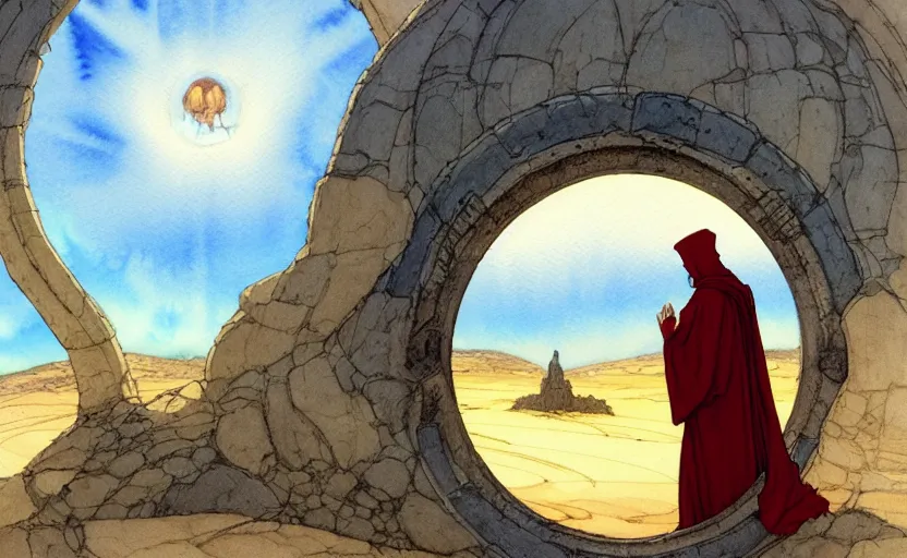 Prompt: a hyperrealist watercolour concept art of a large circular dimensional portal in the sky. a medieval monk in grey robes is kneeling in prayer below it on a desert road. by rebecca guay, michael kaluta, charles vess and jean moebius giraud. high detail, hq, wide shot