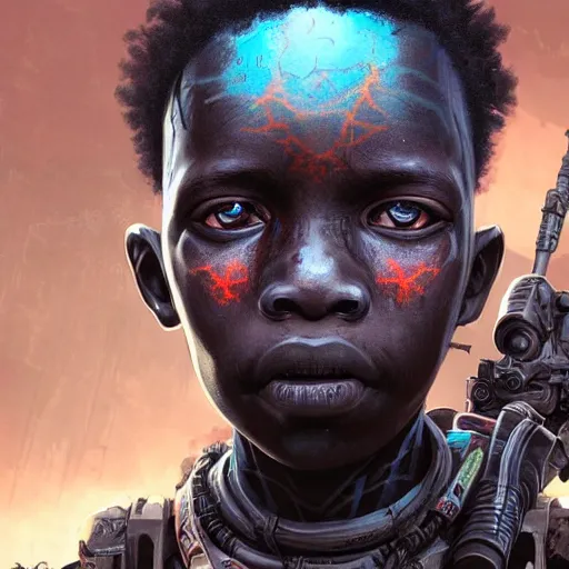 Image similar to a dark and ominous cyborg african child soldier with glowing eyes and facial scarification marks, Apex Legends character digital illustration portrait design, by android jones and greg rutkowski in a cyberpunk voodoo style, detailed, cinematic lighting, wide angle action dynamic portrait