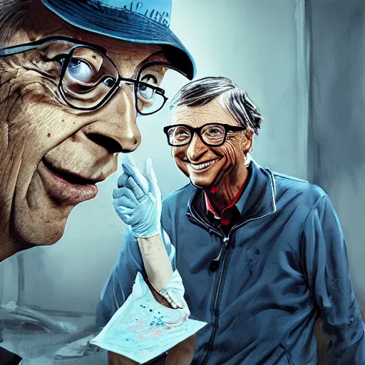 Image similar to bill gates holding a vaccine in his hand, body horror, by ralph steadman, feeling of grimdark, sharp focus, fiction, hyper detailed, digital art, trending in artstation, cinematic lighting, studio quality, smooth render, unreal engine 5 rendered, octane rendered, art style and nixeu and wlop and krenz cushart