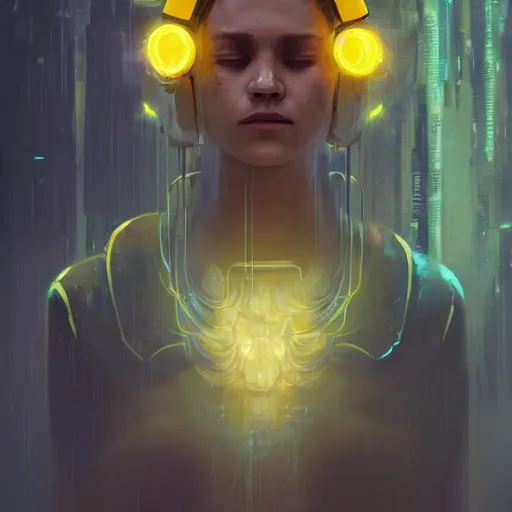 Image similar to a sage meditates under a waterfall pieces with glowing yelow visor as a realistic scifi cyberpunk, torso, art by james jean and greg rutkowski!!, realistic face, digital art,, golden ratio, perfect composition, trending on artstation, 8 k