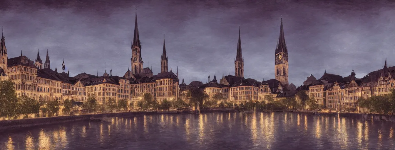 Image similar to Digital painting of Neo-Gothic Zurich, Limmat and the lake at night, wide angle, volumetric light, hyperdetailed, Alsp in the background, artstation, cgsociety, 8k