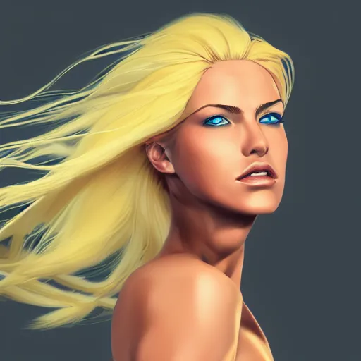 Image similar to a stunning upper body portrait of a beautiful woman with bleach blonde hair waving in the wind by marvel comics, digital art, trending on artstation