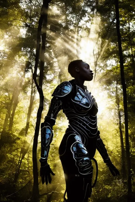 Prompt: hyperrealistic long shot gorgeous black woman intricate exoskeleton bone armor in a forest sun behind her god rays highly detailed concept art eric zener elson peter cinematic low angle hd 8k sharp rack focus