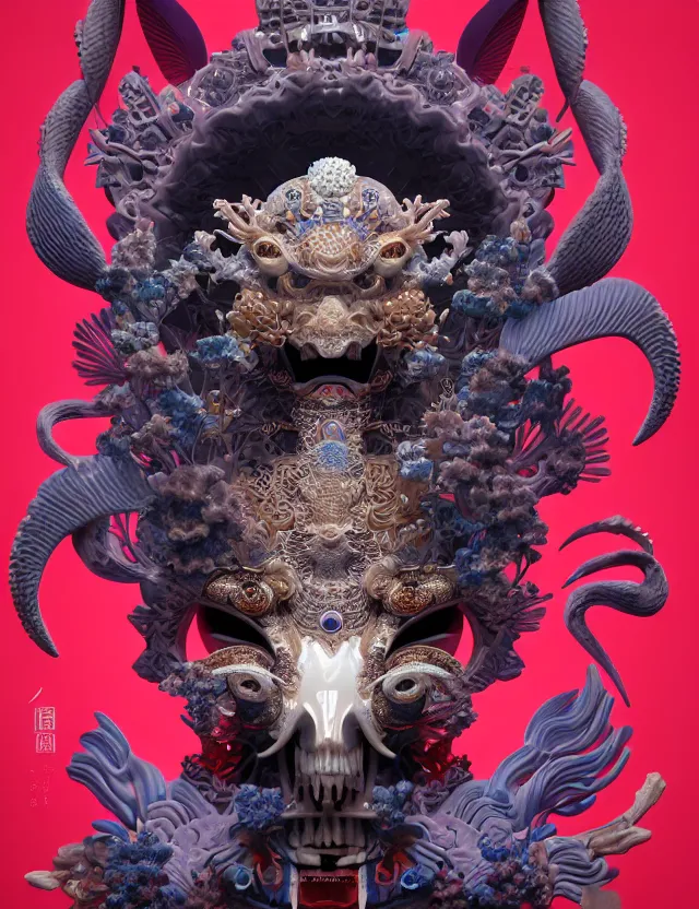 Image similar to 3 d goddess close - up profile portrait ram skull. beautiful intricately detailed japanese crow kitsune mask and clasical japanese kimono. betta fish, jellyfish phoenix, bio luminescent, plasma, ice, water, wind, creature, artwork by tooth wu and wlop and beeple and greg rutkowski