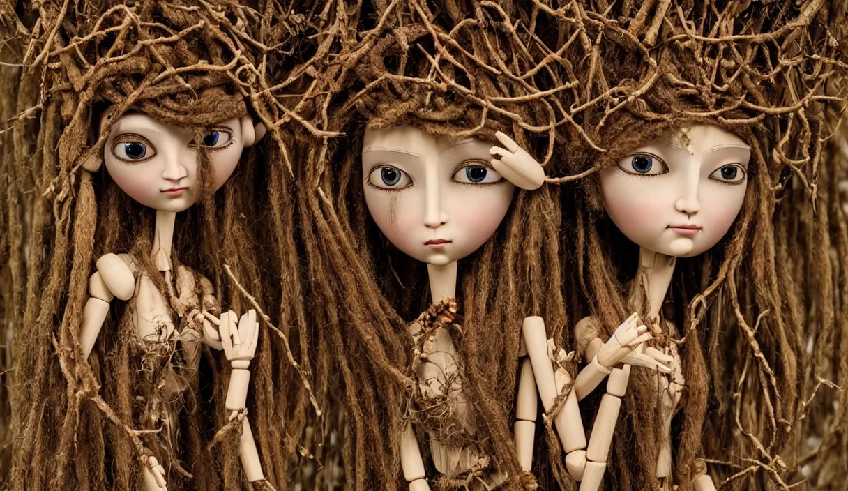 Prompt: a cinematic portrait of a beautiful female jointed handmade wooden art doll, made of wood, dreadlocks with twigs and branches, reaching out to each other, oak trees, oak leaves, acorns, dendritic, ooak, painting by naoto hattori, detailed