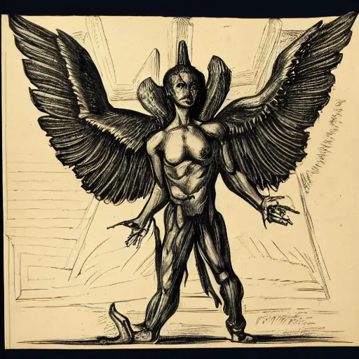 Image similar to humanoid with left half angelic wing and right half demonic wing, arms crossed in a dungeon