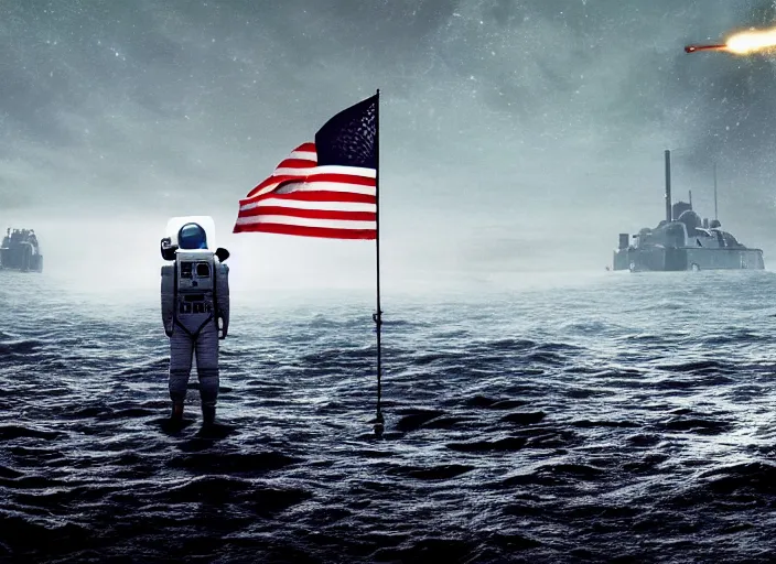 Image similar to astronaut holding a flag in an underwater desert. a submarine is visible in the distance. dark, concept art, cinematic, dramatic, atmospheric, 8 k, trending on artstation, blue, fish, low visibility, fog, ocean floor, christopher nolan, interstellar