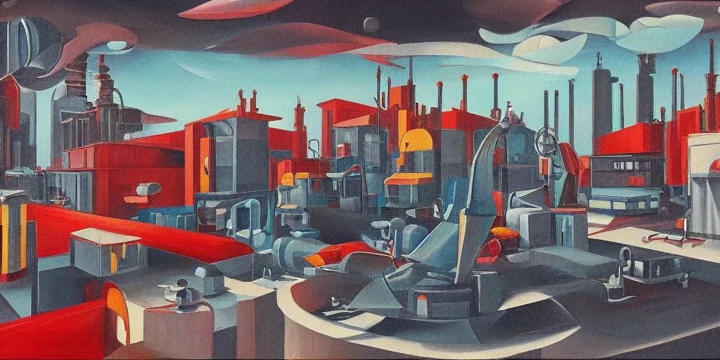 Prompt: art deco style robot factory building flying cars, oil paint on canvas retro future 8k