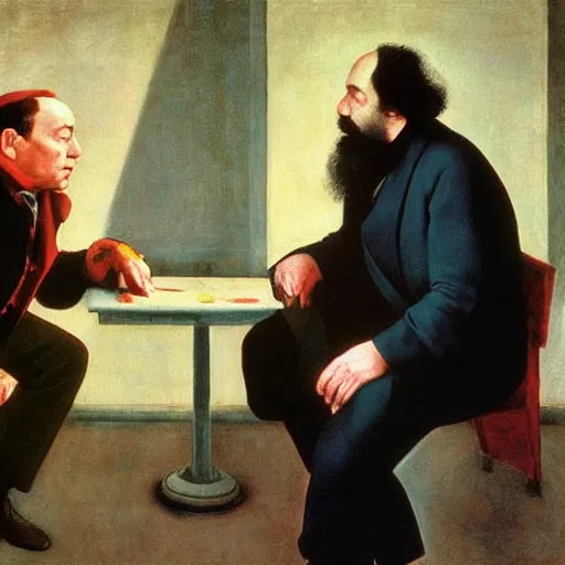 Image similar to silvio berlusconi talking with karl marx, film still by edward hopper, by Pontormo, by klimt, art noveau, highly detailed, strong lights, liminal, eerie, Bright pastel colors