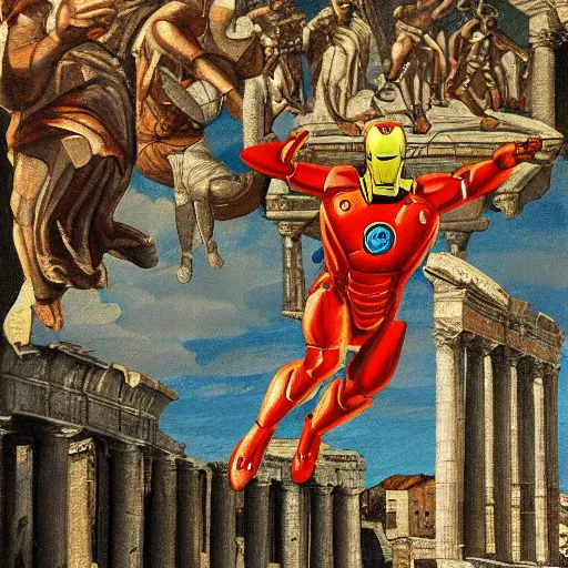 Image similar to hellenistic greece painting of ironman flying across the coliseum