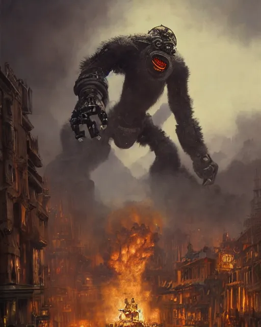 Image similar to oil painting of King Kong Robot attacking, Steampunk, sharp focus, fantasy style, steampunk city background, octane render, volumetric lighting, 8k high definition, by greg rutkowski, highly detailed, trending on art Station, magic the gathering artwork, centered, dramatic artwork, combat scene, fire, explosions