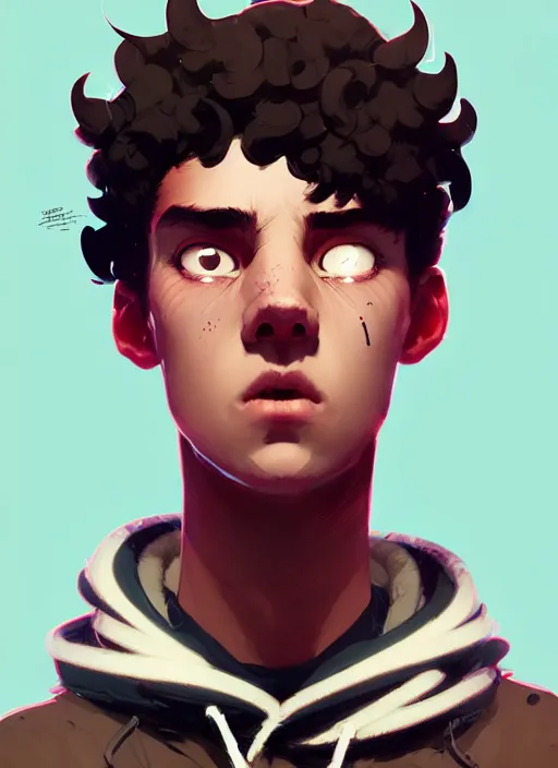 Image similar to highly detailed portrait of a sewer punk guy student, black hair, brown eyes, tartan hoody, curly hair by atey ghailan, by greg rutkowski, by greg tocchini, by james gilleard, by joe fenton, by kaethe butcher, gradient pink, brown, light blue and white color scheme,