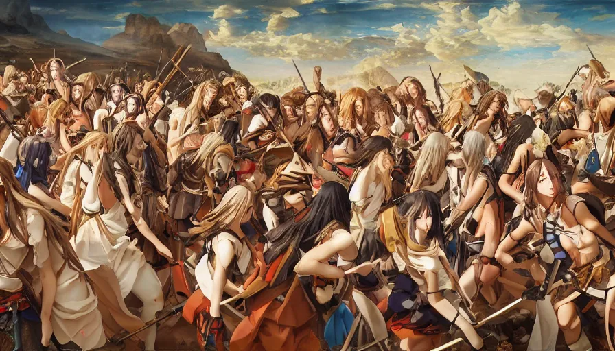 Image similar to jesus christ our lord leading an army of anime girls into battle, photorealistic, anime, mini skirt, long hair, renaissance painting, hyper real, detailed, wide angle shot, ultra detailed