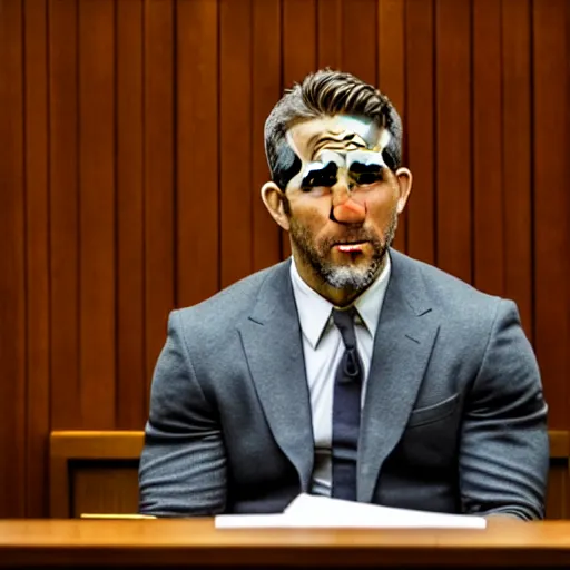 Prompt: ryan reynolds on trial in a court room, highly detailed, extremely high quality, hd, 4 k, 8 k, professional photographer, 4 0 mp, lifelike, top - rated, award winning, realistic, detailed lighting, detailed shadows, sharp, no blur, edited, corrected, trending