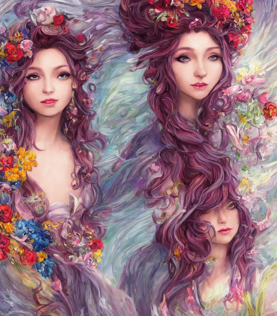 Image similar to a colorful and provenance portrait painting of the fantasy female who with floral wing, highly detailed, her hair made of hair made of air wind and curling smoke and genie, spirit fantasy concept art, art by the wings made of flowers, spirit fantasy concept art, art by aenami, alena, afshar, petros and leonid, trending on artstation.