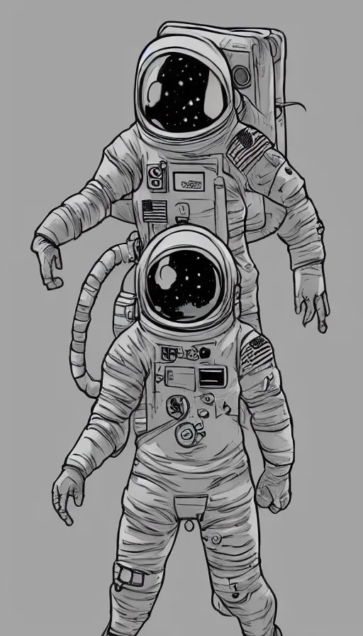 Image similar to concept art, digital art, manga drawing, full body astronaut sketch, sci fi, illustration, in the style of darren bartley, mike mignola