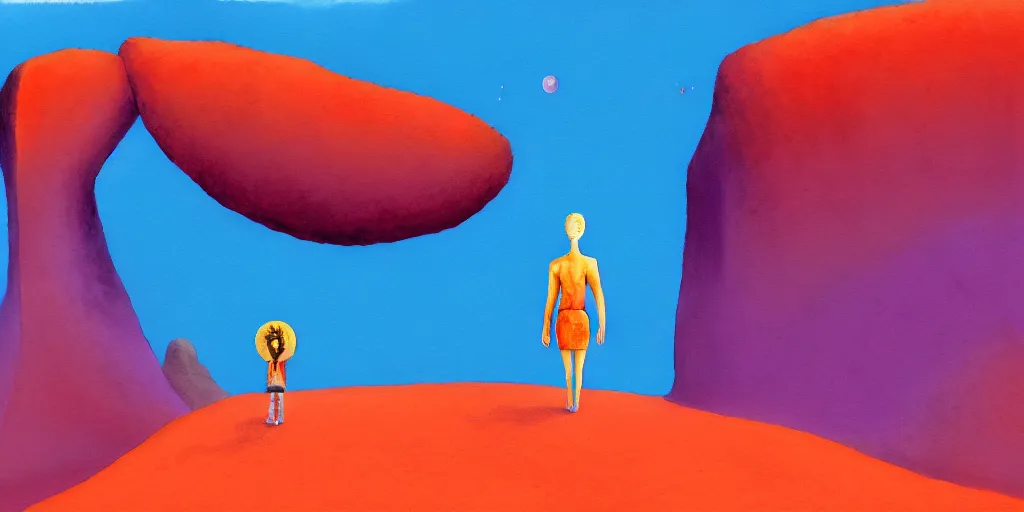 Prompt: Why am I me when I could have been anyone else? Introspective meandering, a vibrant gouache fantasy painting, walking along the endless road through an unusual biome. Natural palette, Unearthly landscape. Realistic photography. A small traveling group of friends in a dream-like world. A tearful farewell to close friend, the shrine calls to them.