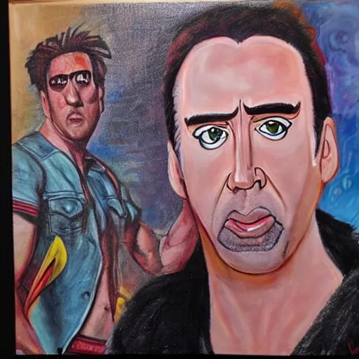 Image similar to nic cage as spongebob squarepants, buff, painted portrait, highly detailed,