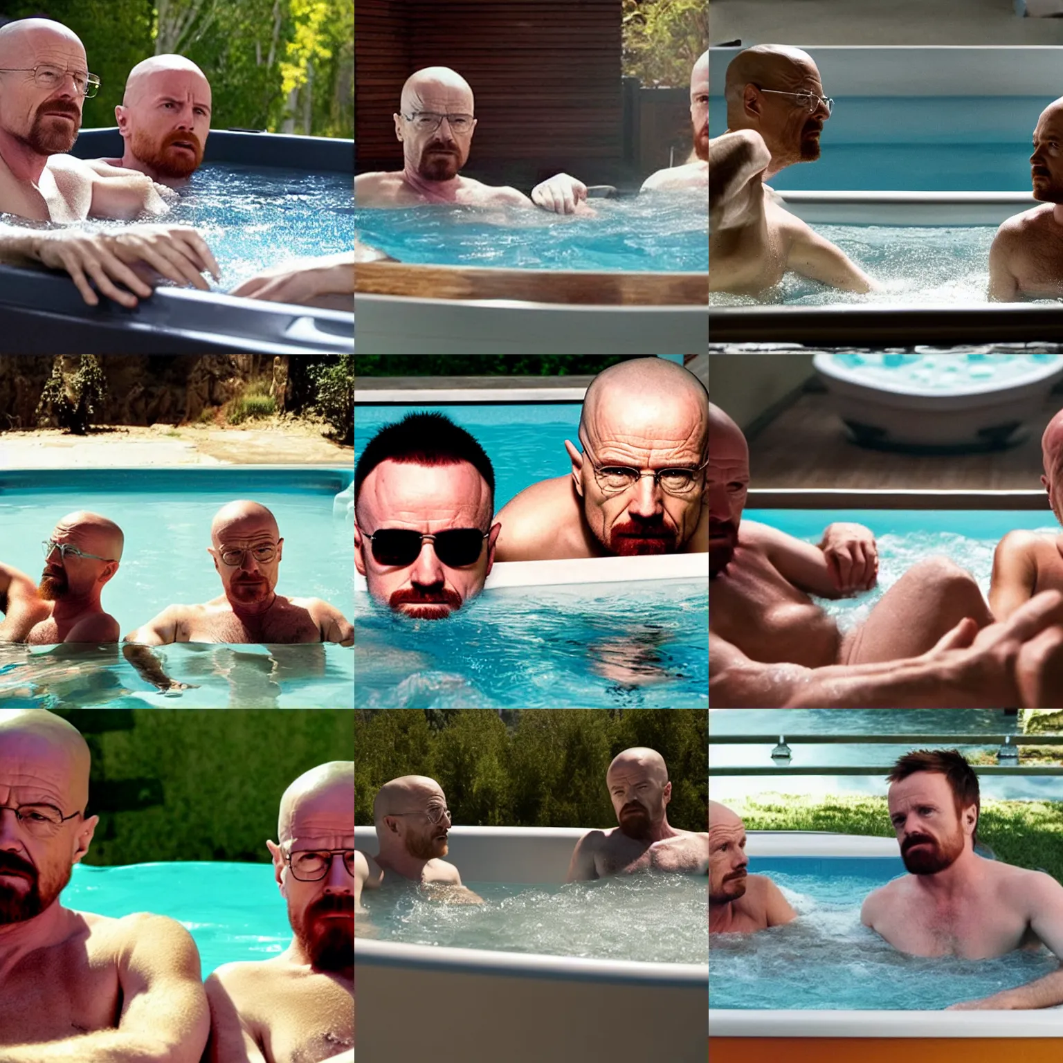 Prompt: Walter White and Jesse Pinkman chilling in a hot tub, five feet apart cause they're not gay