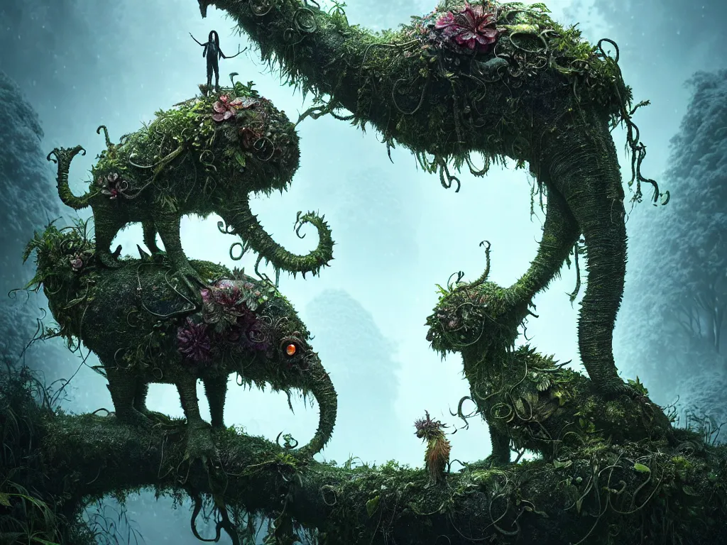 Image similar to creature in a lush trunda vegetation, snow snow :: by Michal Karcz, Daniel Merriam, Victo Ngai and Guillermo del toro :: ornate, dynamic, particulate, intricate, elegant, highly detailed, centered, artstation, smooth, sharp focus, octane render, 3d