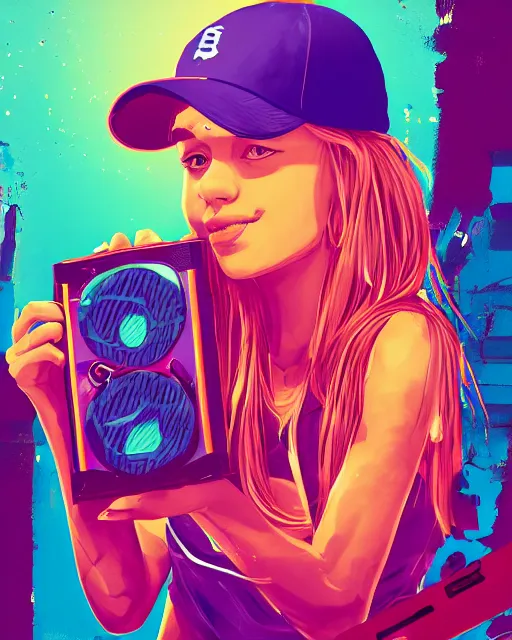 Image similar to a skater girl wearing a baseball cap holding a boombox in her right hand. paint splashes, outrun, vaporware, shaded flat illustration, digital art, trending on artstation, highly detailed, fine detail, intricate