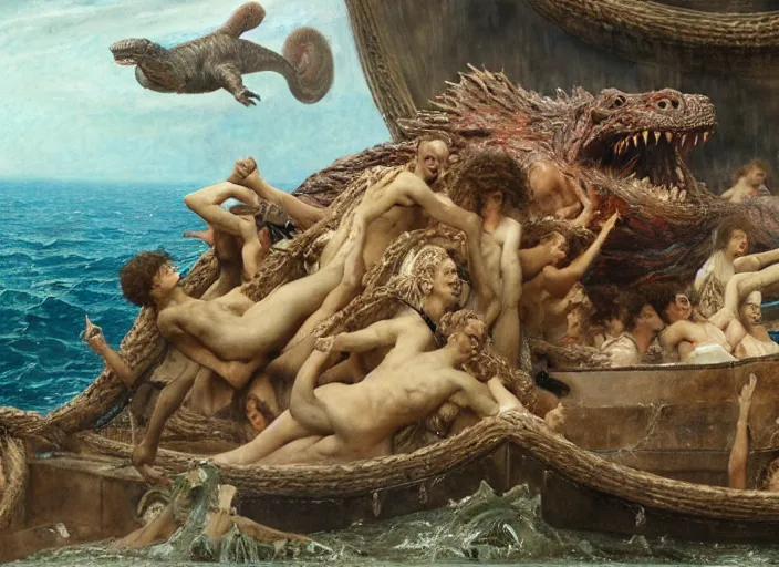 Prompt: godzilla attacking the raft of the medusa, painting by lawrance alma - tadema, 4 k, hyper - realistic, highly detailed