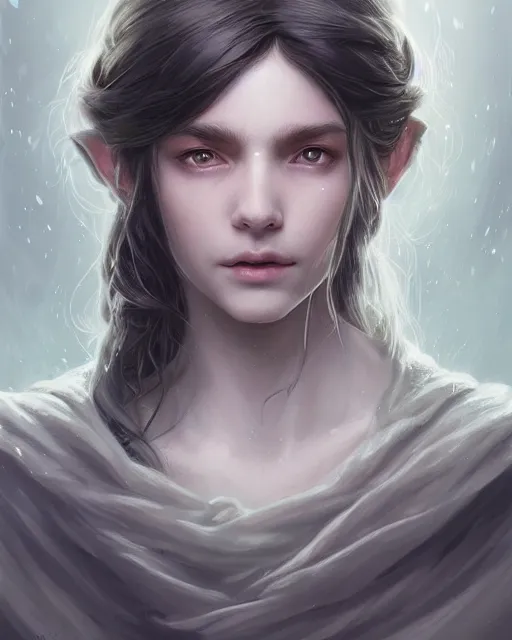 Image similar to highly detailed vfx - portrait of a gentle ghost, wonderful eyes, long hair, deep focus, d & d, fantasy, refined, elegant, high detail, digital painting, artstation, concept art, matte, clear focus, illustration, hearthstone, art from artgerm and greg rutkowski, fuji choco, victoria gavrilenko and hoang power line