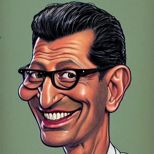 Image similar to a caricature portrait of Jeff Goldblum drawn by Mort Drucker Mad Magazine