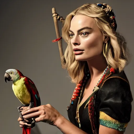 Prompt: margot robbie as a beautiful pirate with a parrot on the shoulder, realistic portrait, 8k resolution, hyper detailed, studio lighting, cinematic