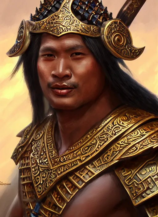 Image similar to smart tai warlord of yodia, closeup portrait, without beard and mustache, historical hero, ethnic group, tai costume, thai traditional bronze headdress, intricate, with leather armor cross on bare chest, elegant, loin cloth, highly detailed, oil painting, artstation, concept art, matte, sharp focus, illustration, hearthstone, art by earl norem