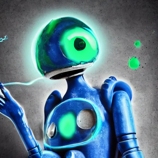 Image similar to blue robot ghost wearing a letterman jacket and genie pants, v mouth, cow lick hair practicing magic in a green slime filled city realistic art wide angle view realistic high detail