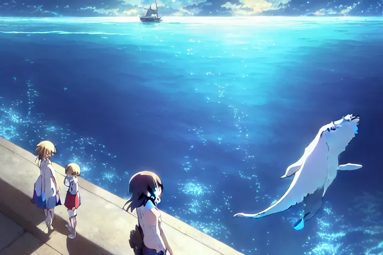 Image similar to a panorama distant view under the water, hyper detailed cg rendering of a cute girl and whale, anime key visual of children of the sea, finely detailed perfect face, style of raphael lacoste, makoto shinkai, violet evergarden, studio ghibli, james jean, hayao miyazaki, extremely high quality artwork