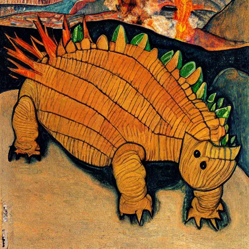 Prompt: painting of an ankylosaurus watching an erupting volcano in the style of egon schiele