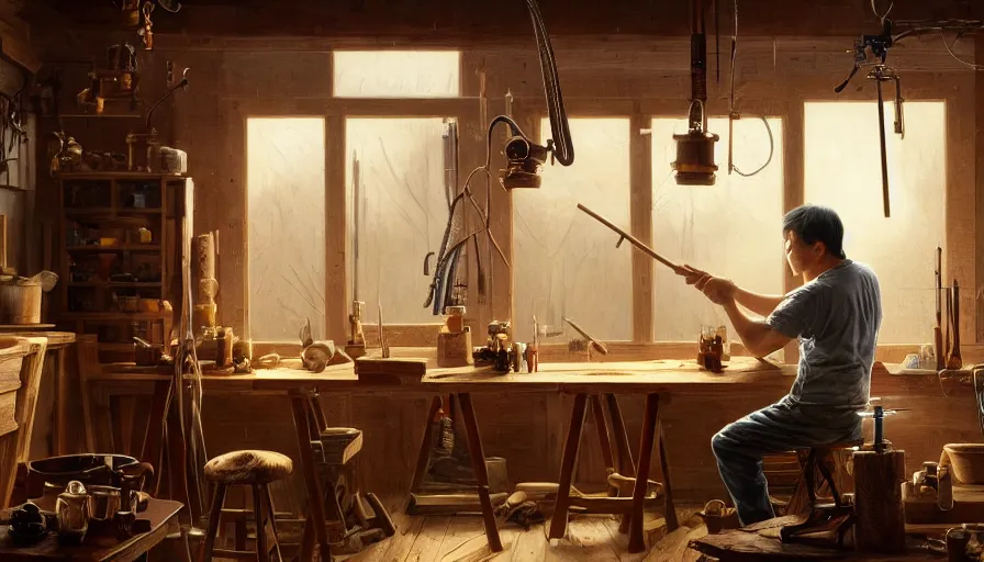 Image similar to highly detailed oil painting | very intricate | cinematic lighting | award - winning | simple carpenter fine craftsman | building a wooden table in their well organized clean workshop | beautiful cinematic light, american romanticism, by huang guangjian, gil elvgren, ruan jia, randy vargas, greg rutkowski, artstation, cgsociety, official art, octane