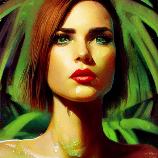 Image similar to detailed face of a woman, lush, opulent, fauna, utopian, tech noir, wet reflections, prism, atmospheric, ambient, pj crook, syd mead, livia prima, artgerm, greg rutkowski, nick alm, casey baugh