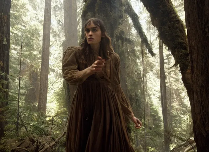 Image similar to First image from Paul Thomas Anderson's new film Big Sur, starring Sofia Boutella as a 19th century prospector. Cinematography by Michael Bauman, shot on Kodak Vision 200T. 8k print.