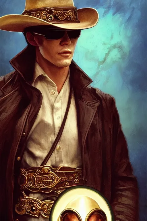 Image similar to portrait of Neo from The Matrix wearing a cowboy hat and a big ornate golden belt buckle, D&D, fantasy, highly detailed, digital painting, artstation, concept art, smooth, sharp focus, illustration, art by artgerm and greg rutkowski and alphonse mucha