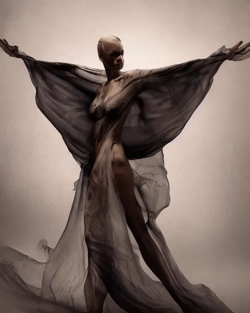 Prompt: professional render ethereal ghostlike valkyrie figure fluid simulation in houdini dancing in dark smoke robes and silk veils by ilm, paolo roversi, nick knight, gill elvgren, beautiful simplified form distorted by turbulent movement, dark studio background, vivid, romantic, trending on artstation, hyperrealism, matte painting, dutch golden age, fine detail, cgsociety