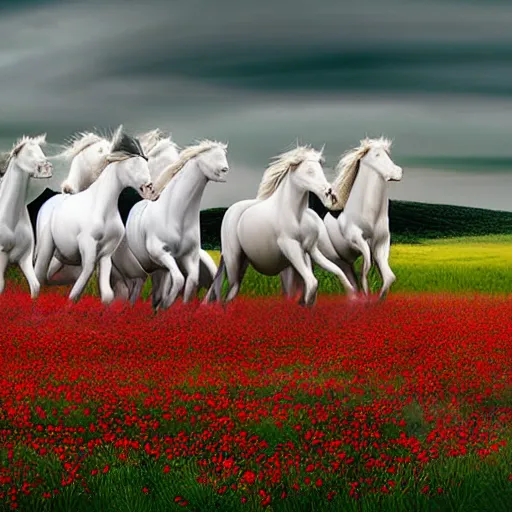 Prompt: wide angle perspective sideview shot ultrarealistic HERD OF WHITE HORSES running through a vast field of red poppies at twilight :: equine anatomy, anatomically correct horses, sculpted muscles, long flowing manes, photorealistic heads:: styles of Richard Avedon, Rosa Bonheur, Jacques-Louis David, and John Collier :: matte painting, smooth rendering, laser sharp, insane detail, volumetric twilight, cinematic, God light shafts, Octane render, trending on Artstation, Behance, Zbrush, deep focus, intricate lines, epic, luxury, elite