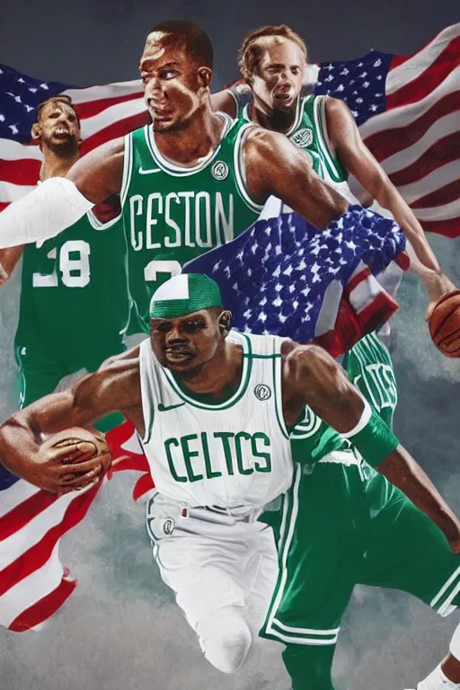 Image similar to boston celtics 4 th of july uniforms, patriotic, god bless america, concept art, red white blue green