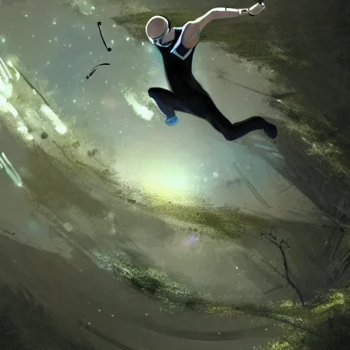 Image similar to a zero - gravity futuristic scene, of a man jumping over a tree, concept art, trending on art station