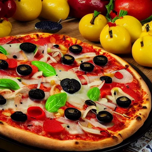 Prompt: Pizza with fruits and sea food - Brazilian pizza, Realistic, HDR, Foodstation